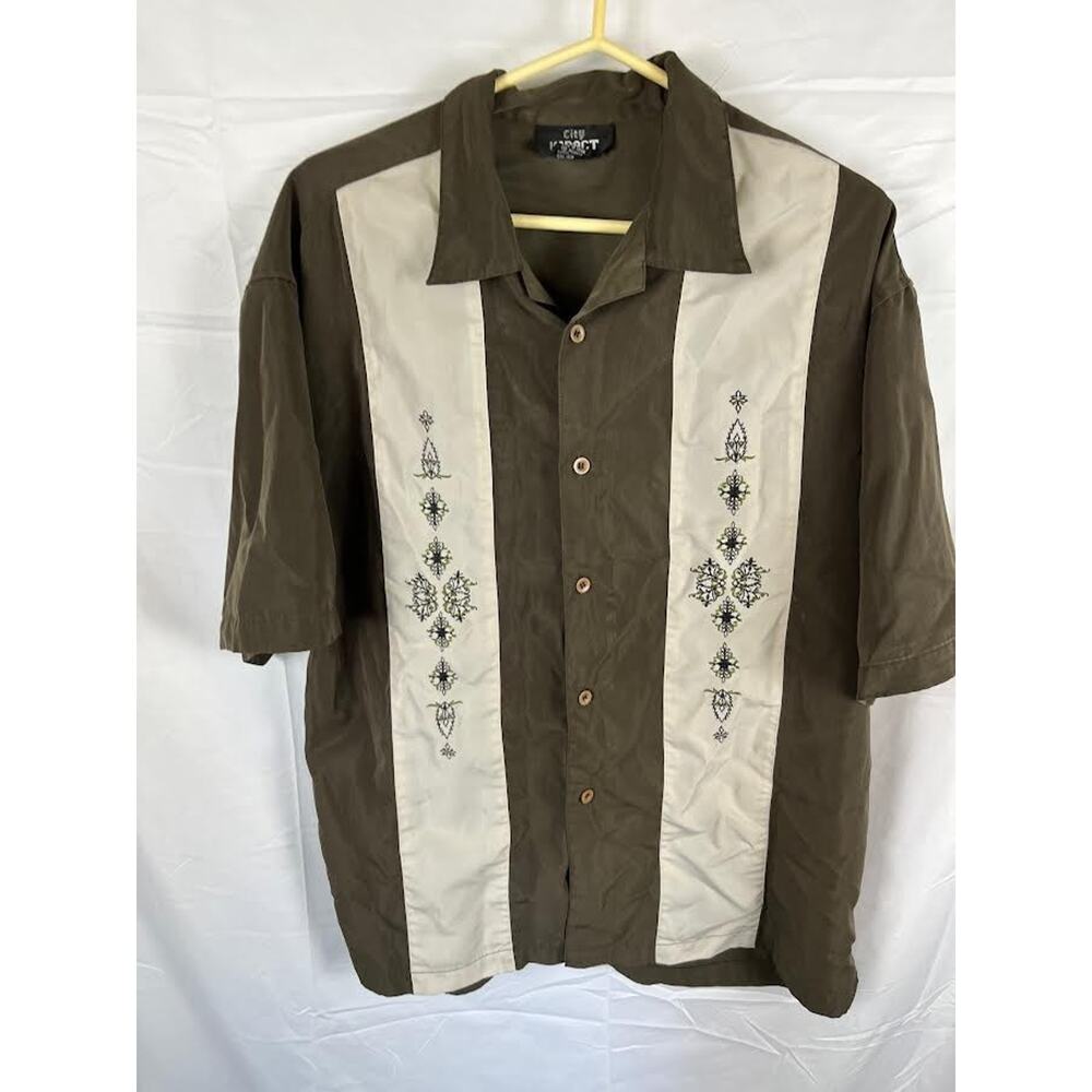 City Impact Mens Cuban? Shirt DARK GREEN/Beige Embroidered Size Large